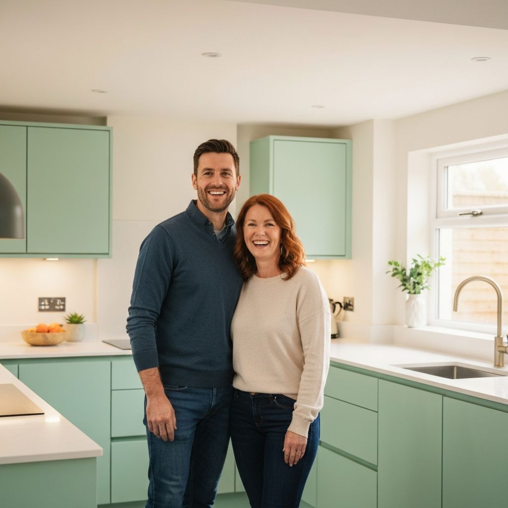 Happy homeowners in their renovated kitchen